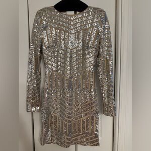 Dress the Population Silver and Tan Long Sleeve Sequin Dress